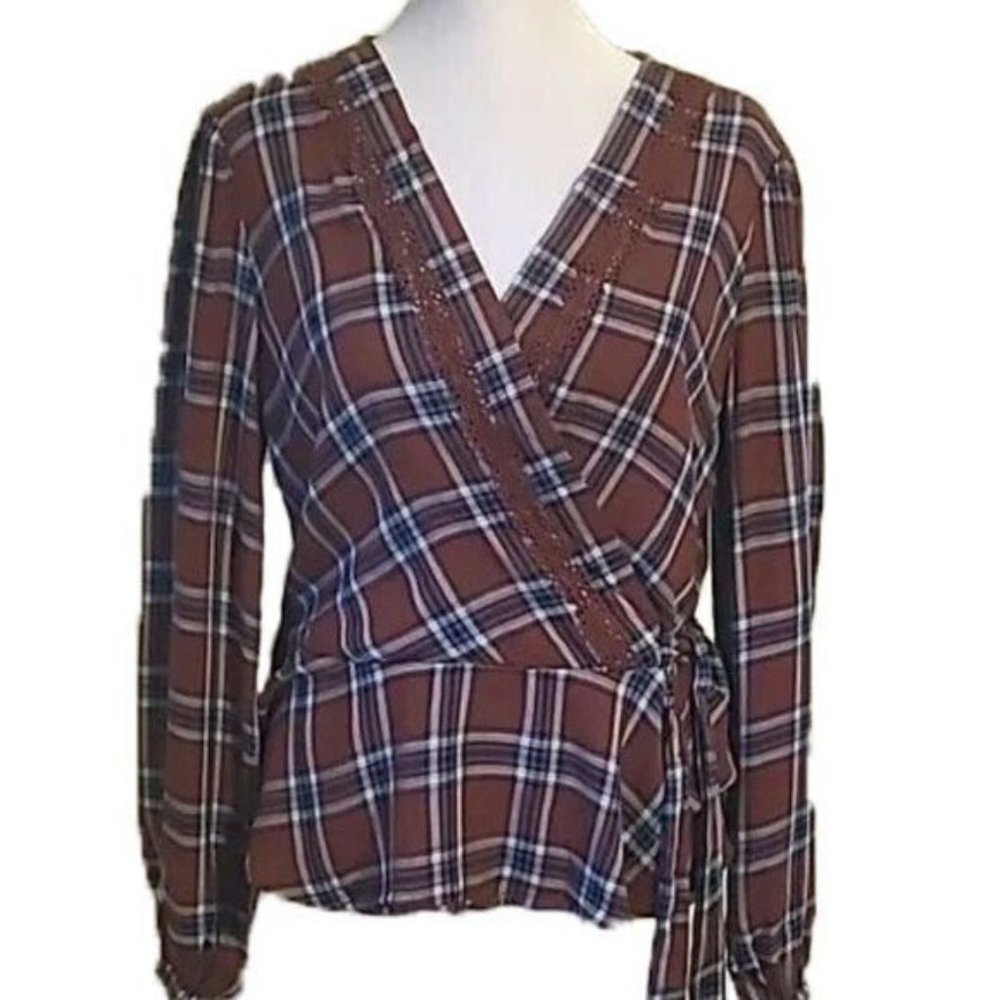 Est. 1946 Faux Tie Wrap Plaid Top Size S